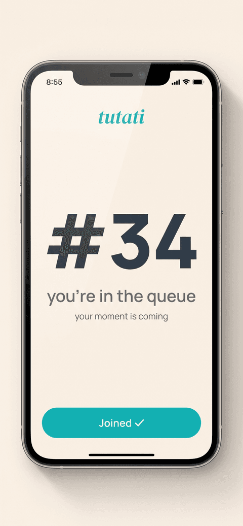 The Tutati queue screen showing your position in line and a confirmation that you've joined